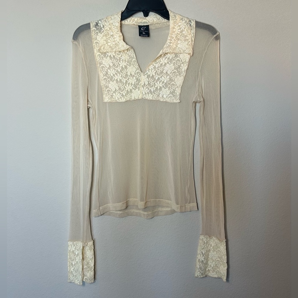 Sheer Blouse Woman’s XL Long Sleeve Top Laced Translucent Bodice Form Fitting